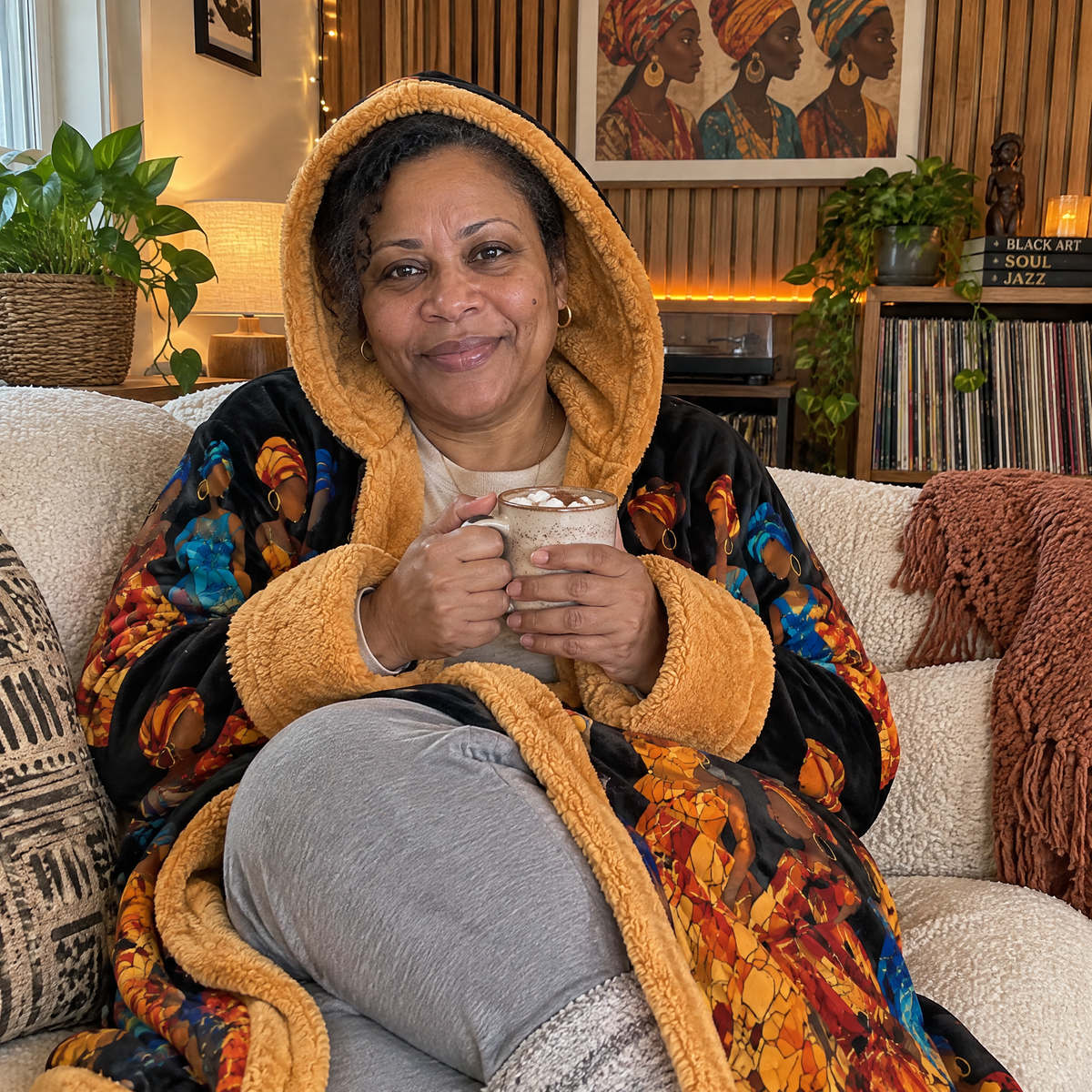 Woman relaxing on the couch in the Gold heated robe