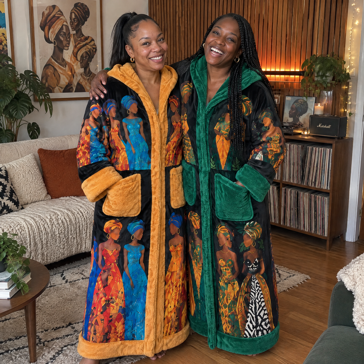 Two friends in the Gold and Emerald heated robes