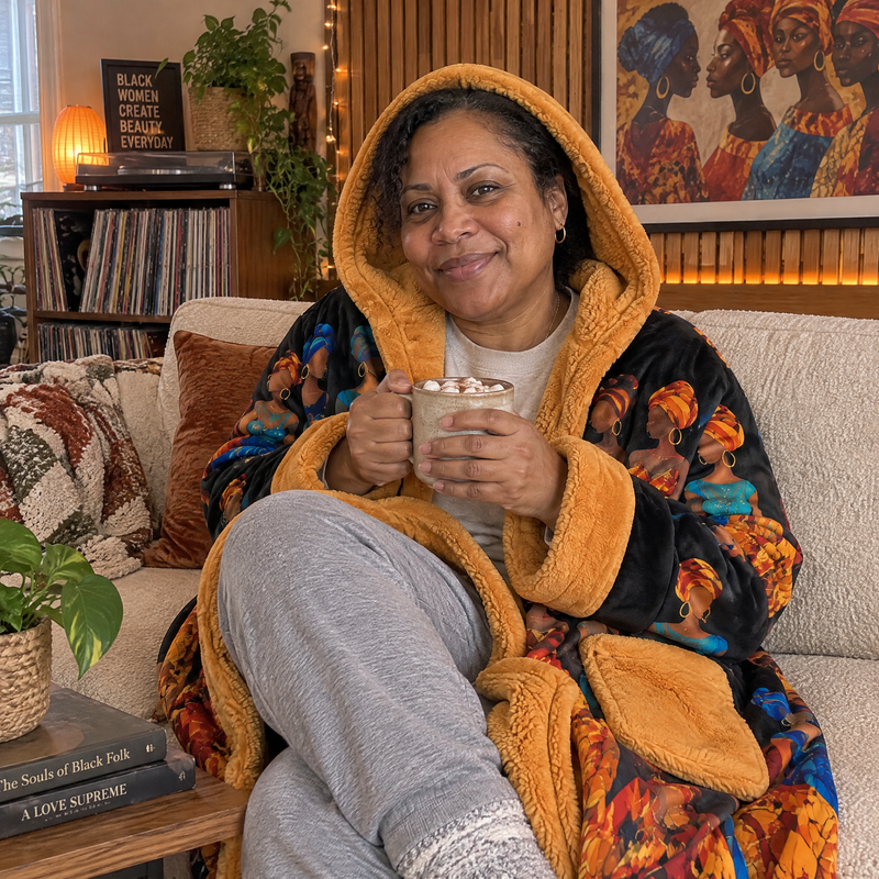 Cozy on the couch in the Gold heated robe